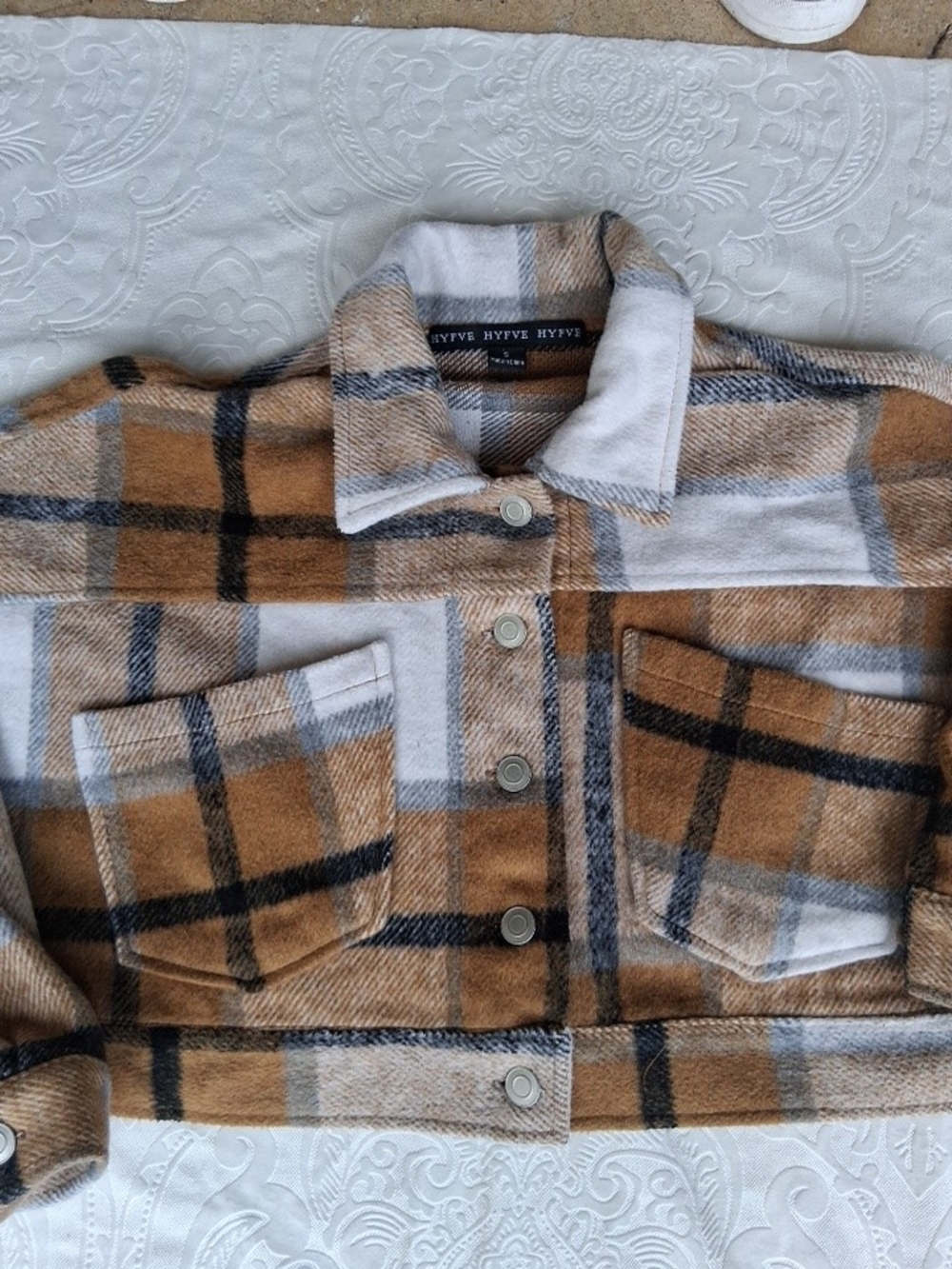 Hyfve Cropped Plaid Flanel Shacket Oversized Tan & Brown